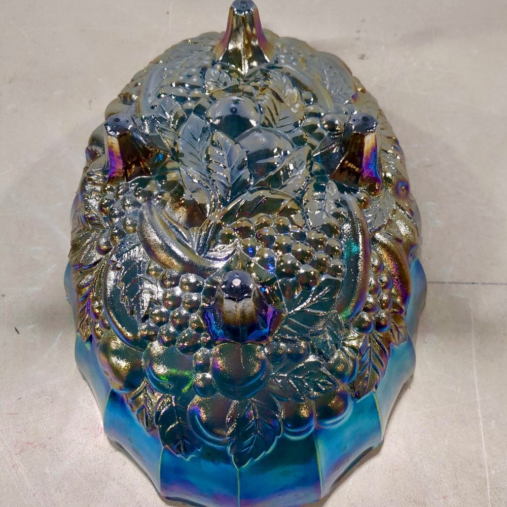 Vintage Blue Carnival Glass Grape & Leaf Footed‎ Bowl 12" Iridescent Centerpiece
